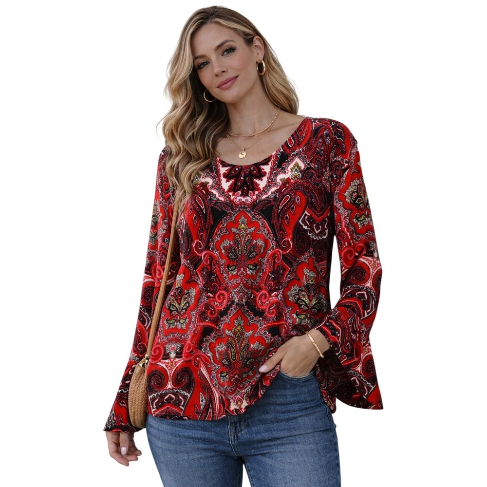 Chico's Velvet Blouse Women 3 Red Paisley Bell Sleeve Back Tie Top